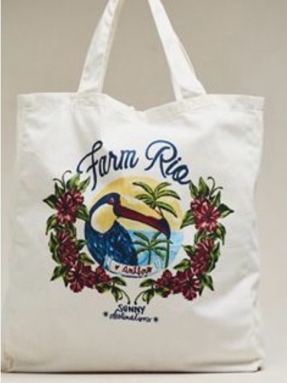 FARM Rio White Canvas Tote with Colorful Toucan and Floral Wreath